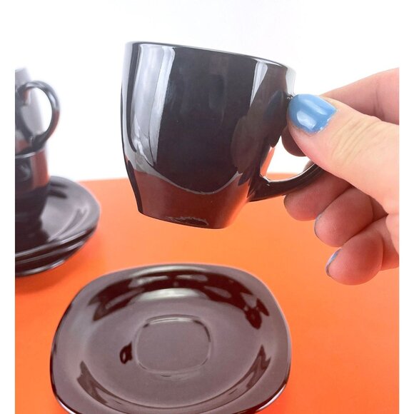 Vintage 1980s demitasses and saucers set, square black glass, Arcoroc France - Picture 2 of 10